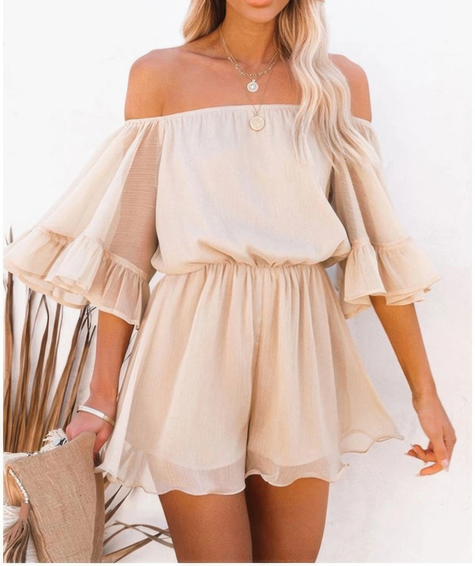 Flounce sleeve romper with off-shoulder design, bell sleeves, elastic waist, and flowy shorts - fashion by SplendorAmoris