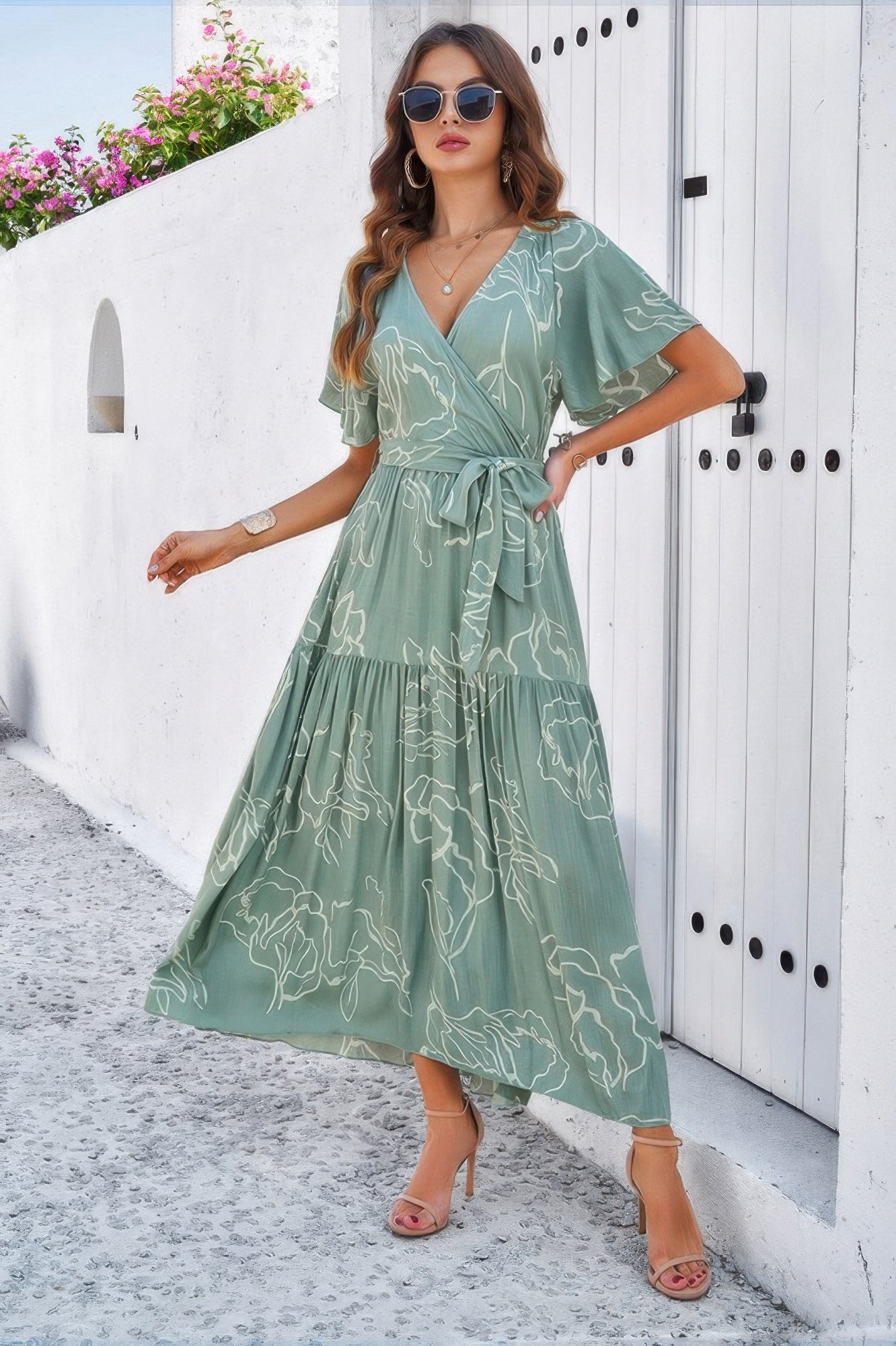 Model showcasing floral print v neck maxi dress by SplendorAmoris, with belted waist and tiered a line skirt for graceful flow
