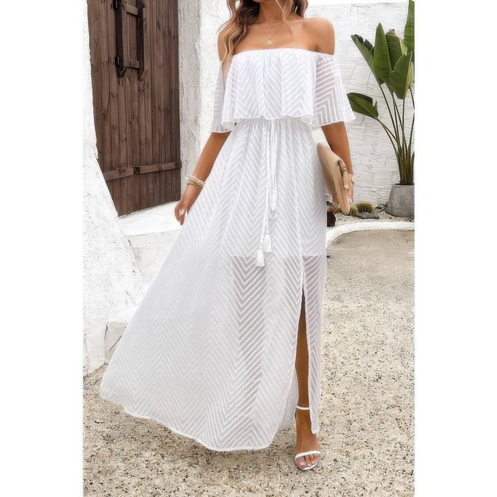 Chevron maxi dress with off-shoulder ruffle, tassel drawstring, side split, and flowy skirt - fashion by SplendorAmoris