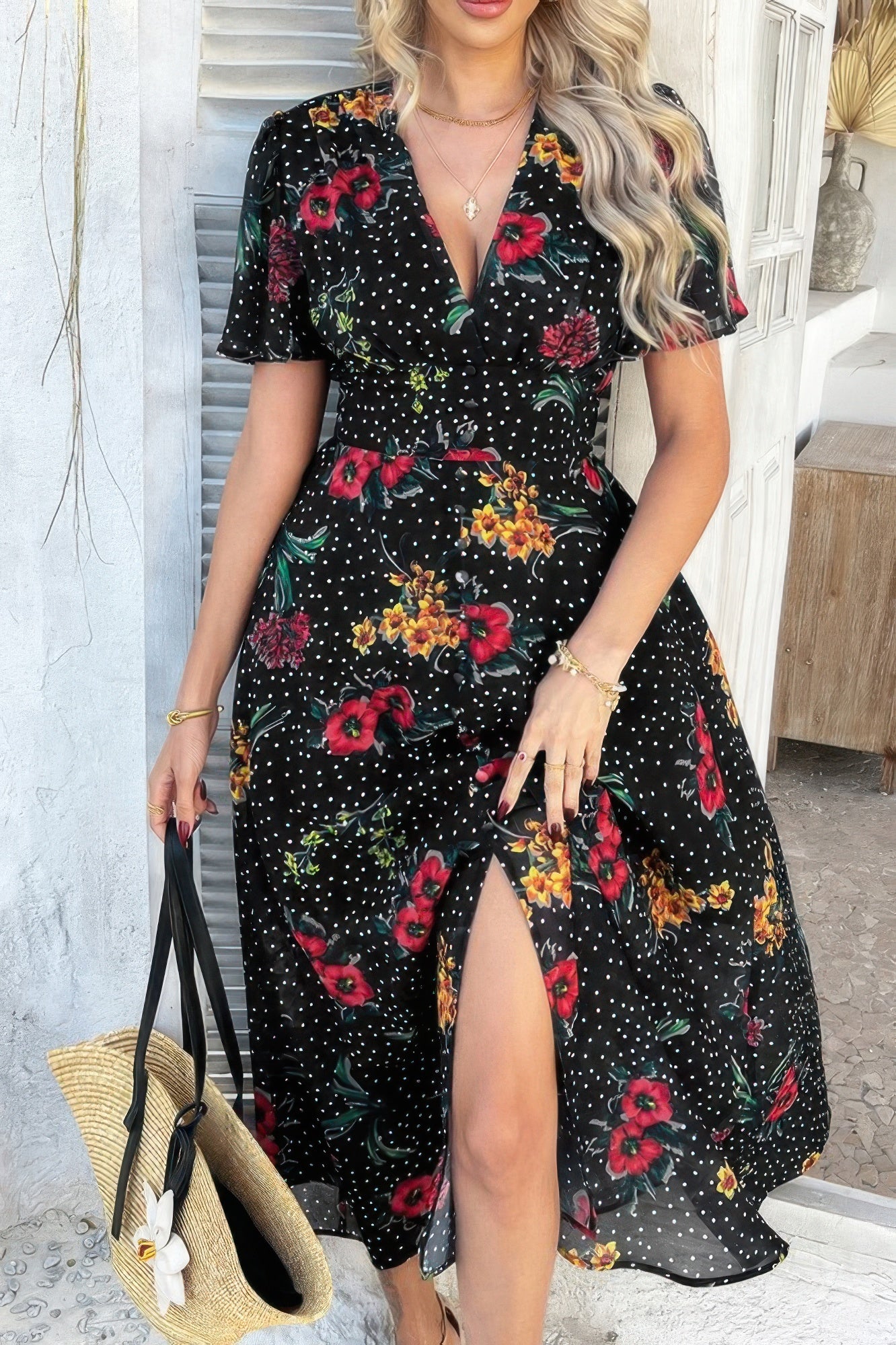 Floral wrap dress with V-neck, puff sleeves, tie waist, and flowy slit skirt - fashion by SplendorAmoris