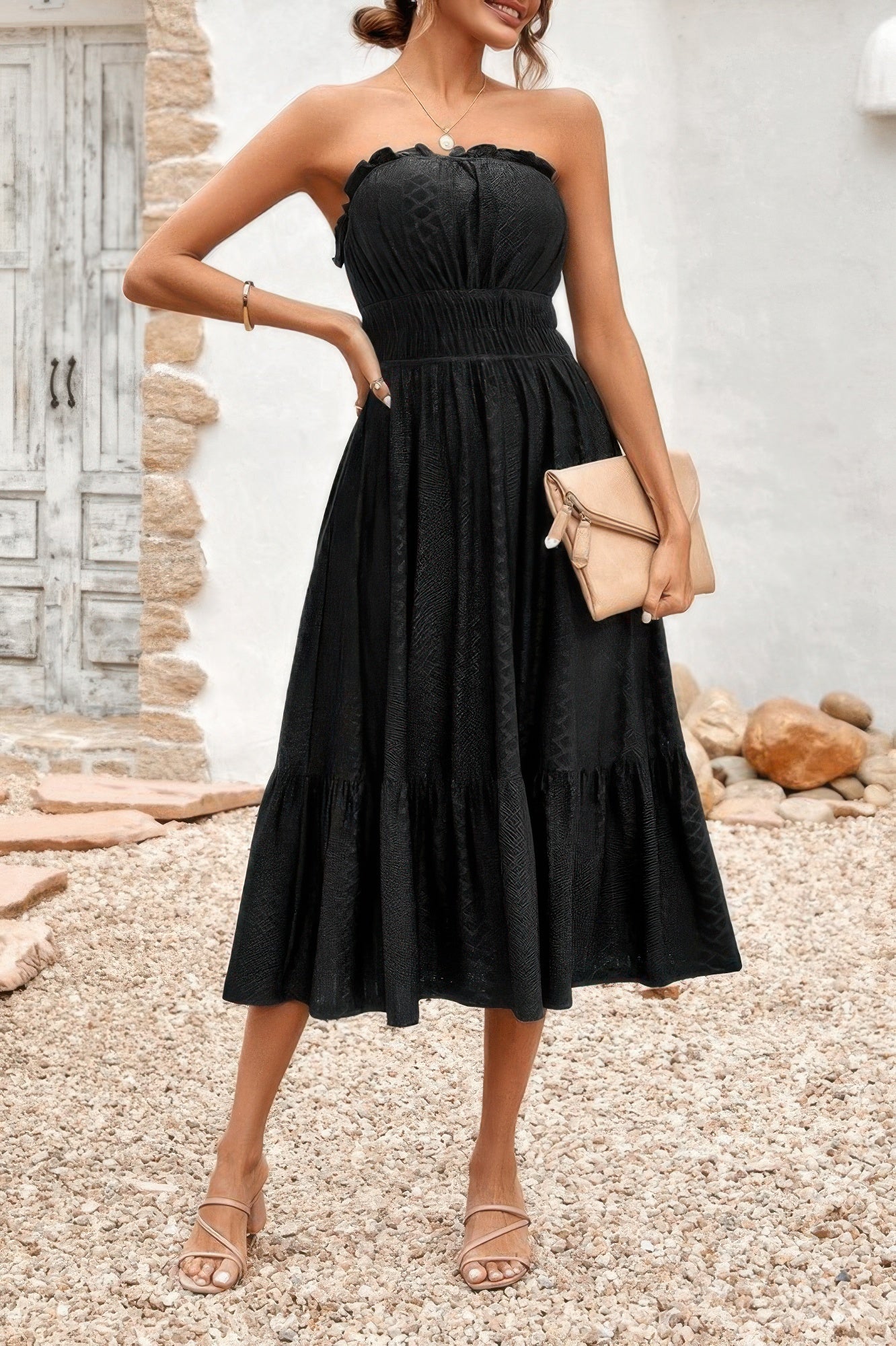 Strapless midi dress with ruched bodice, tiered texture, and A-line skirt - fashion by SplendorAmoris