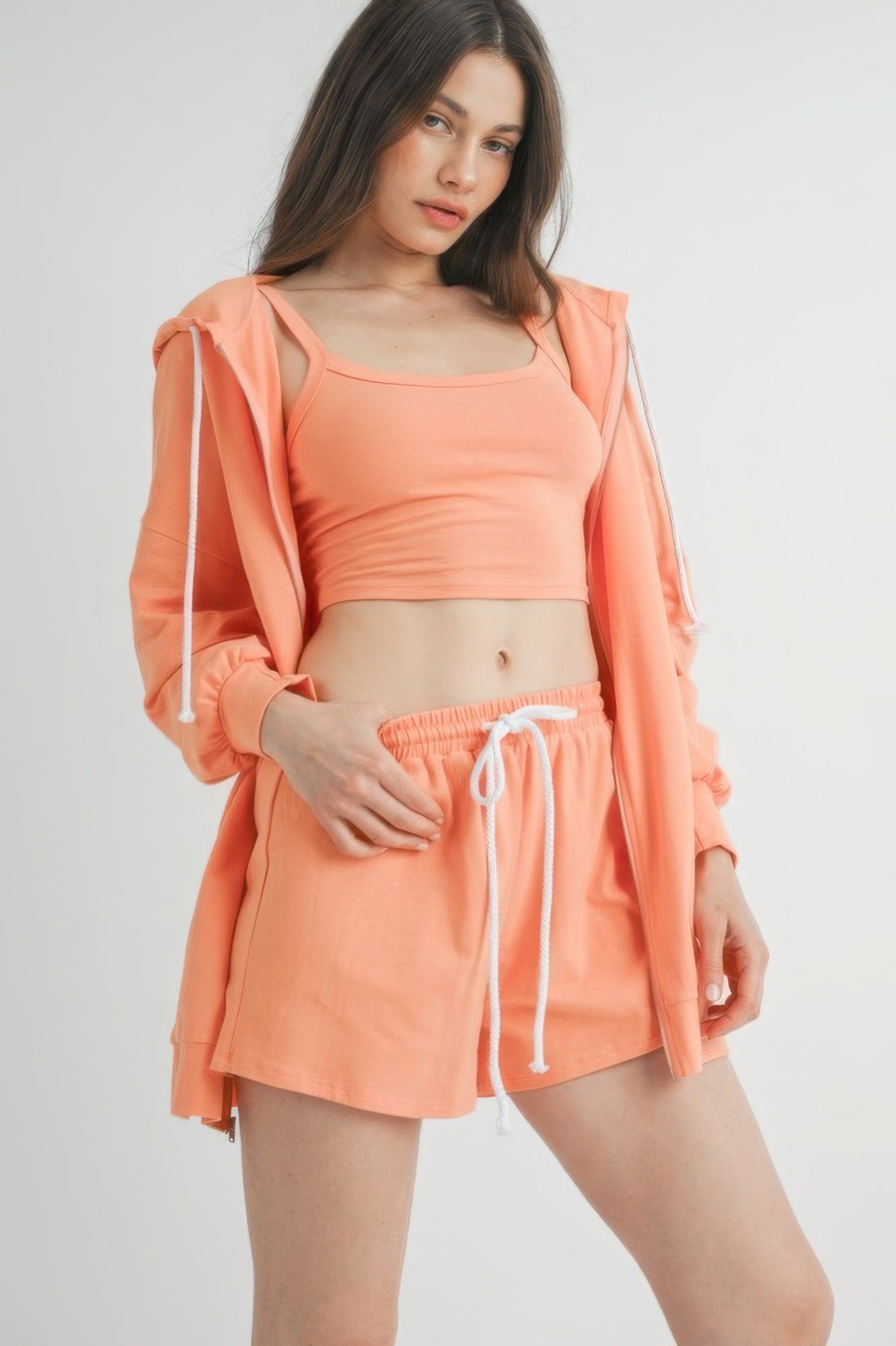 Women's 3-piece cozy lounge set featuring zip-front jacket, crop tank top, drawstring shorts, and matching relaxed fit - SplendorAmoris