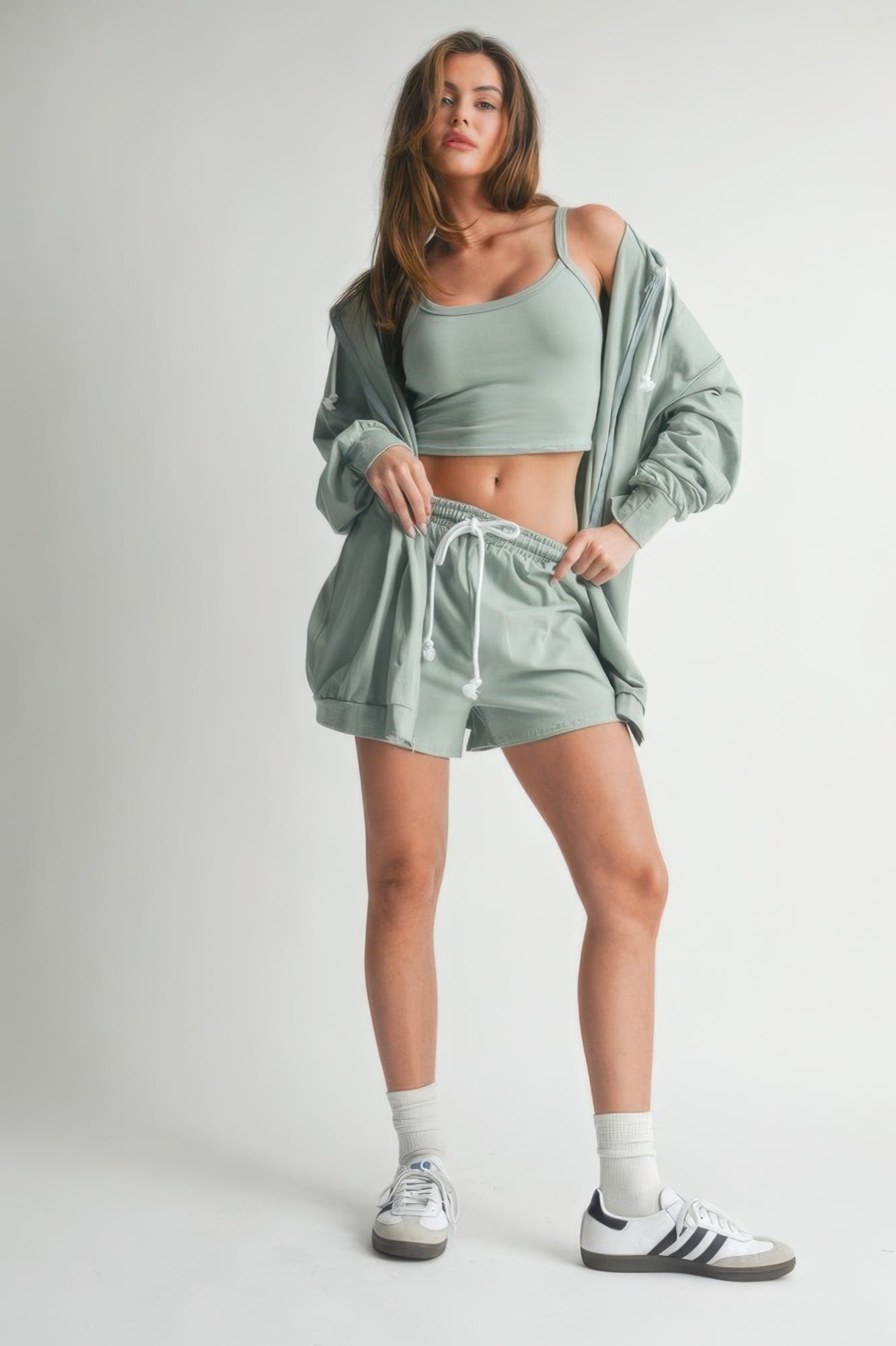 Women's 3-piece lounge sweater set with zip-up jacket, crop tank top, drawstring shorts, and relaxed matching silhouette - SplendorAmoris