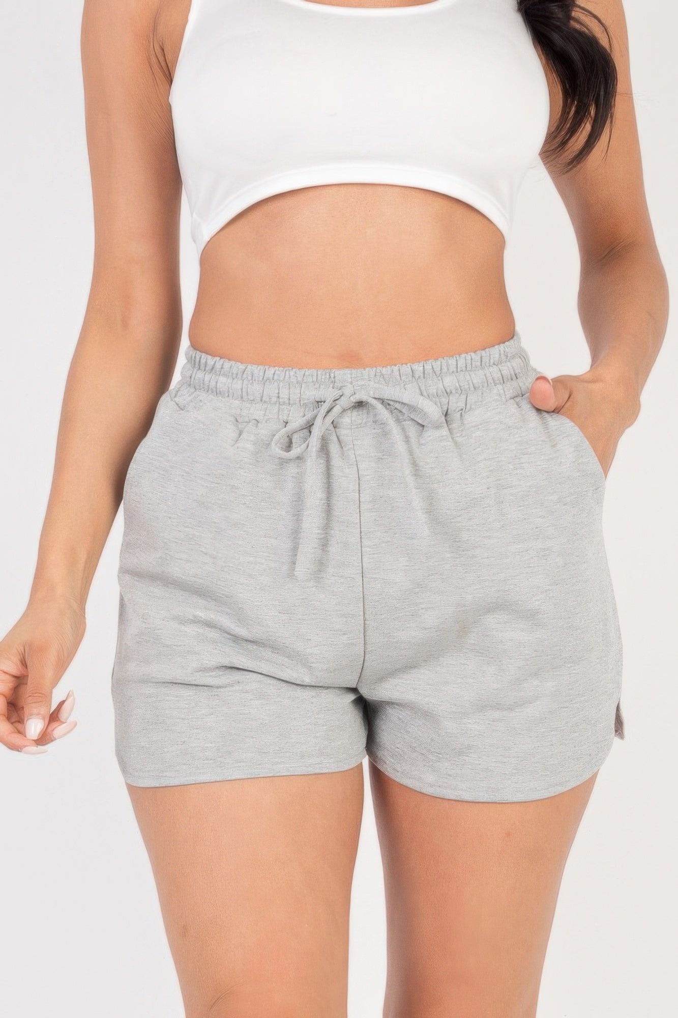 Women's French Terry drawstring shorts with elastic waist, side pockets, relaxed fit, stretch jersey fabric, and mid-rise design - SplendorAmoris