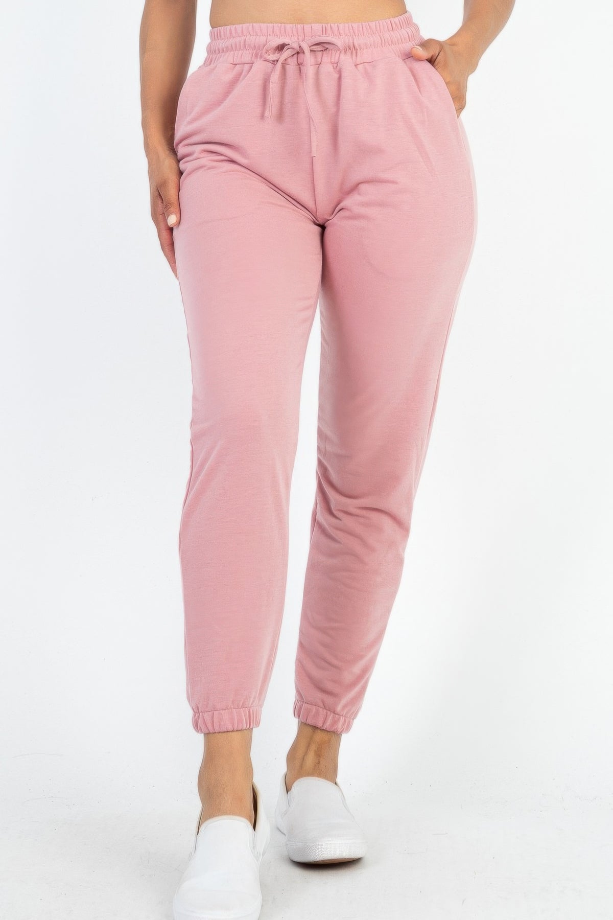 Women&#39;s French terry jogger pants with drawstring elastic waist, cuffed ankles, side pockets, relaxed tapered fit athleisure 2025 - SplendorAmoris