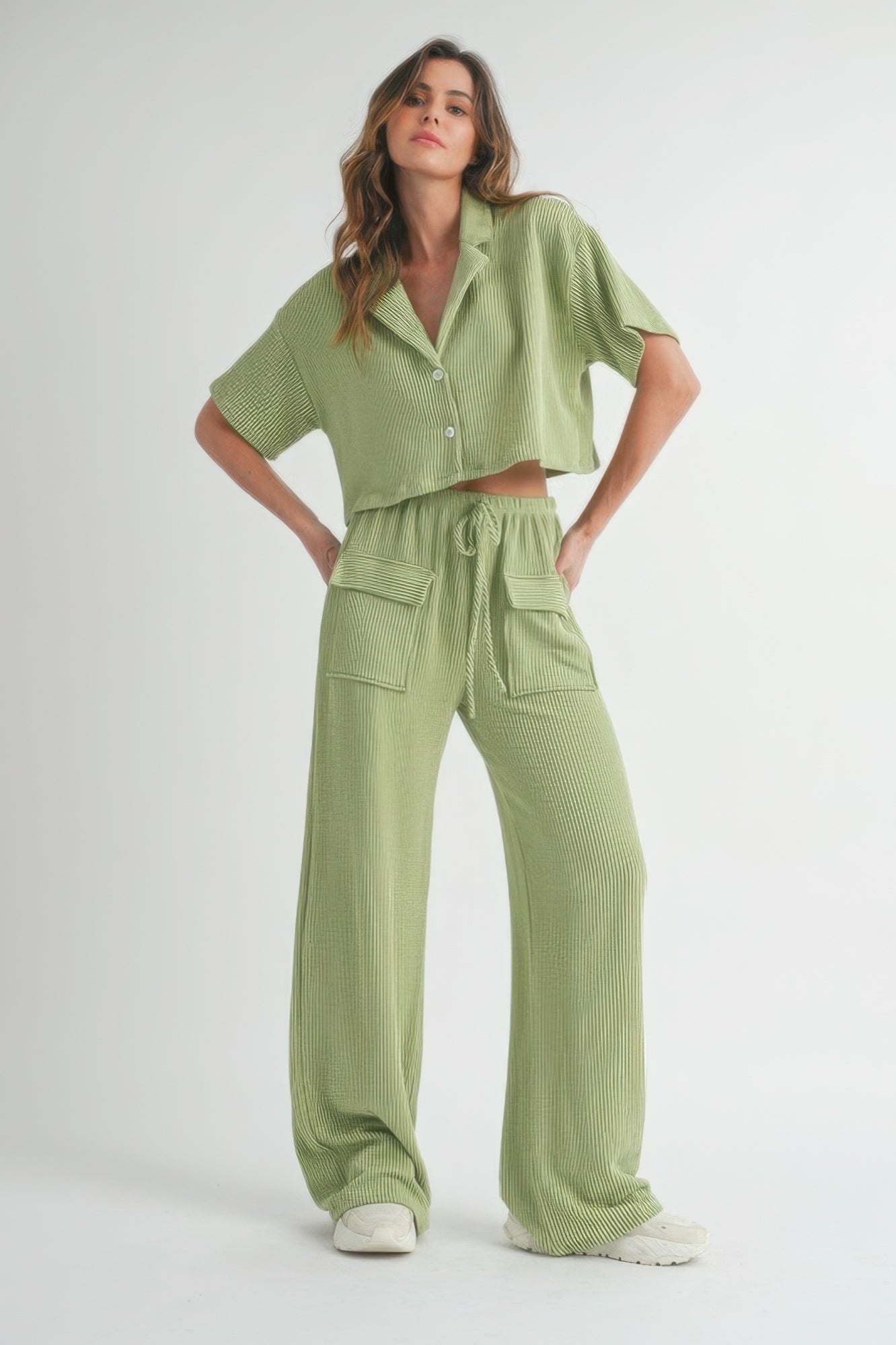 Women's button-up crop set with collared top, short sleeves, wide-leg pants, drawstring waist, pockets, and ribbed knit texture - SplendorAmoris