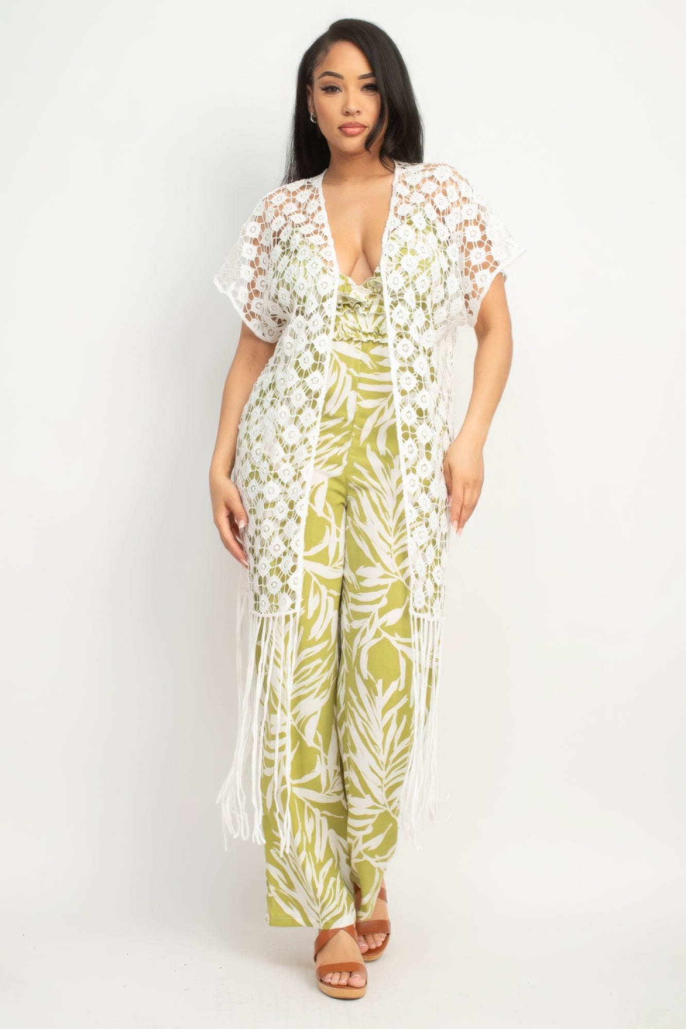 Women's crochet fringe open-front kimono with short sleeves, floral patterns, cotton fabric, relaxed fit, and layered over printed jumpsuit - SplendorAmoris