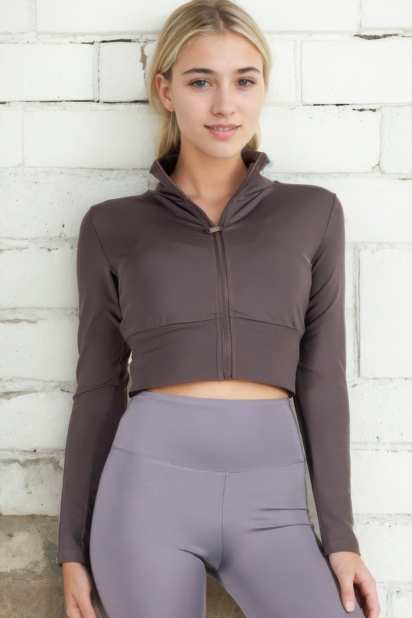 Women's cropped zip-up sports jacket with stand-up collar, long sleeves, full front zipper, and fitted athletic silhouette - SplendorAmoris