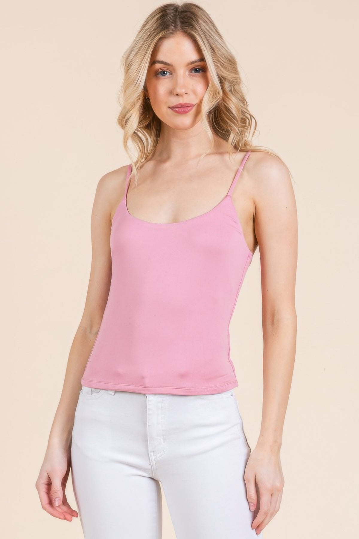 Women&#39;s double-layer scoop cami top with thin straps, fitted body, and versatile layering design - SplendorAmoris