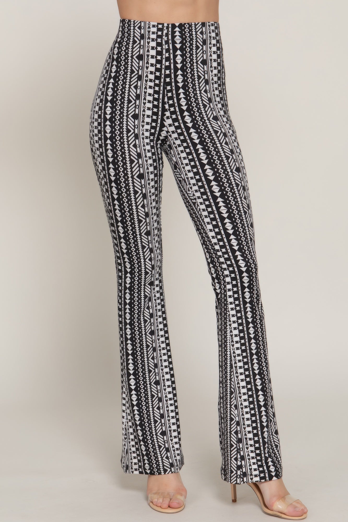Women's elastic waist slim flare print pants with geometric tribal pattern, stretchy fabric, retro boho trend 2025 - SplendorAmoris