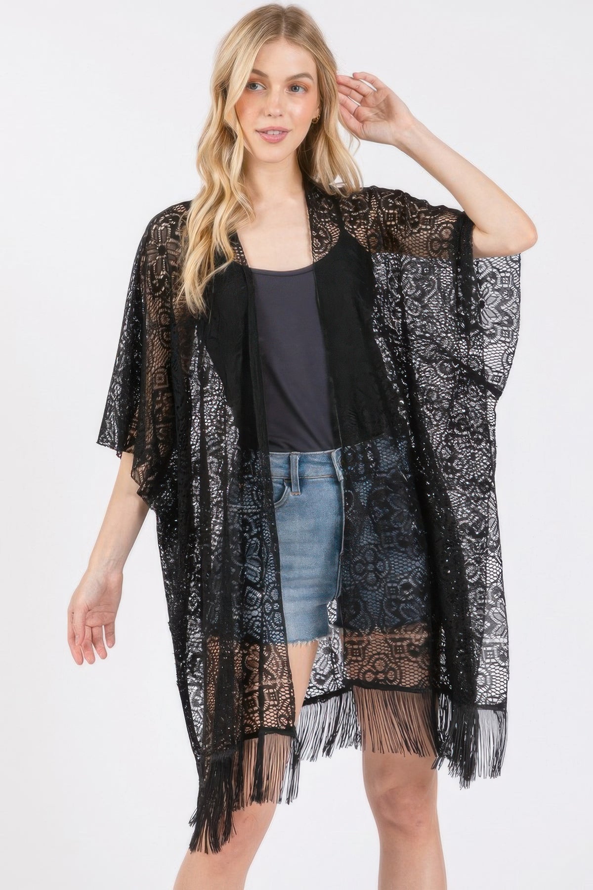 Women&#39;s floral lace tassel cover-up with crochet patterns, open front, short sleeves, and fringe hem - Splendor Amoris