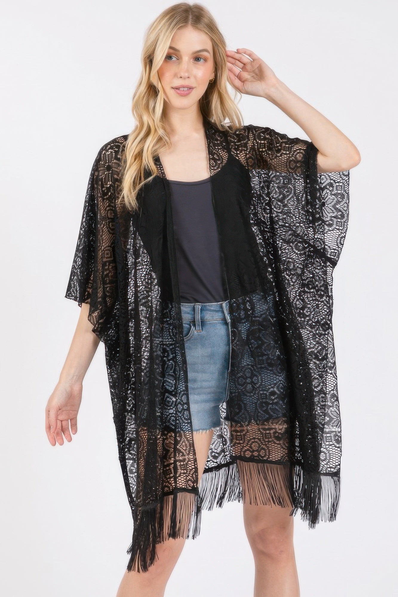 Women's floral lace tassel cover-up with crochet patterns, open front, short sleeves, and fringe hem - Splendor Amoris
