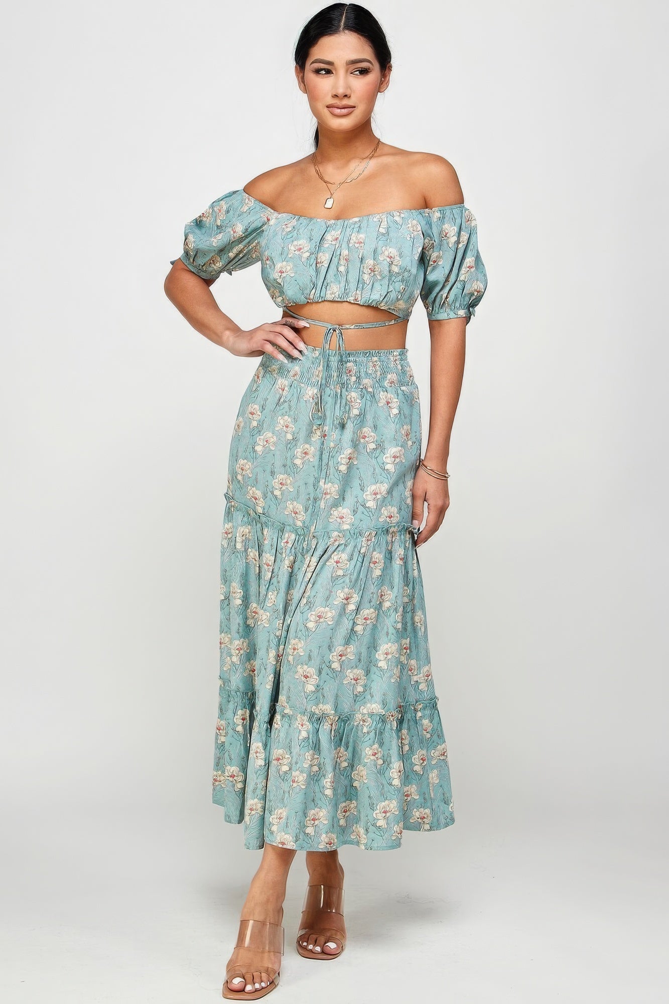 Women's floral off-shoulder tie top with puff sleeves, crop design, and matching tiered midi skirt with smocked waist - SplendorAmoris