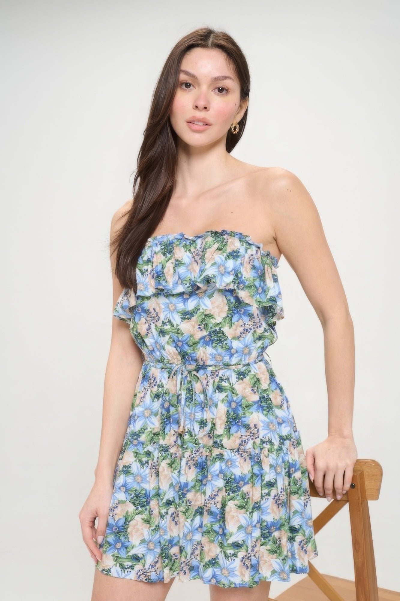 Women's floral ruffle strapless mini dress with tube top, drawstring waist, tiered hem, rayon material, and botanical print - SplendorAmoris