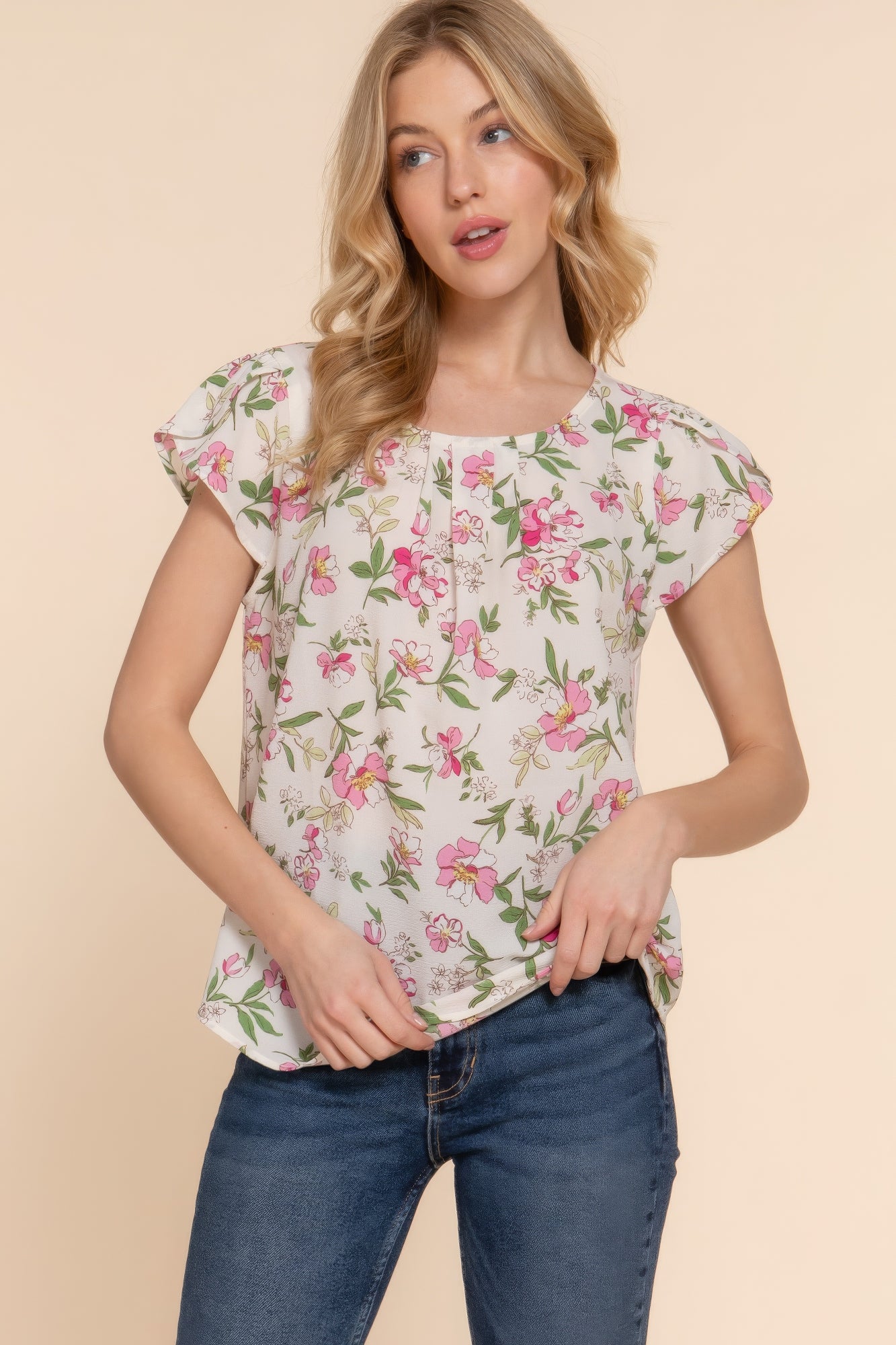 Women's floral tulip sleeve pleated top with round neckline, short sleeves, woven fabric, and botanical print - SplendorAmoris