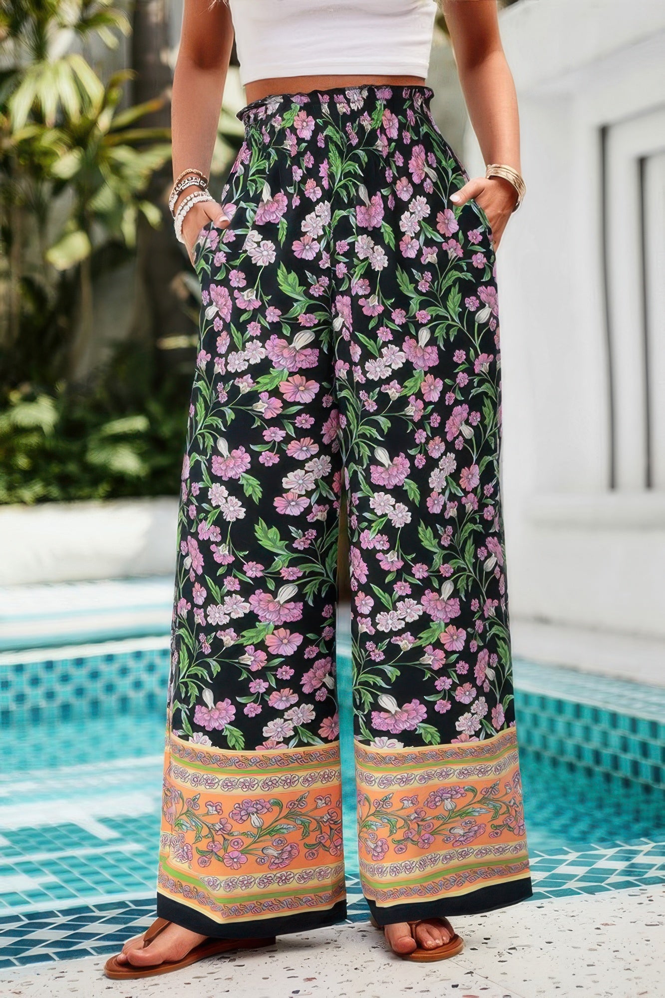 Women's floral wide-leg high-waist pants with elastic band, side pockets, loose fit, polyester fabric, and botanical print - SplendorAmoris