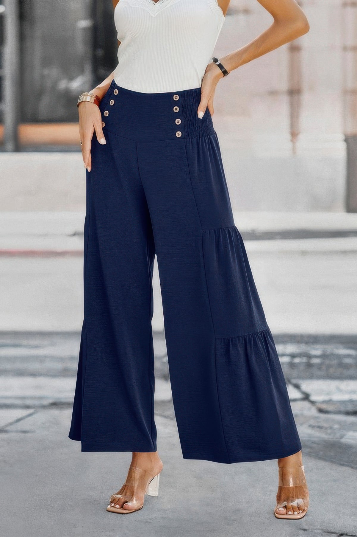 Women&#39;s high waist wide leg palazzo pants with elastic waist, button accents, tiered ruffle details, flowing elegant silhouette 2025 - SplendorAmoris