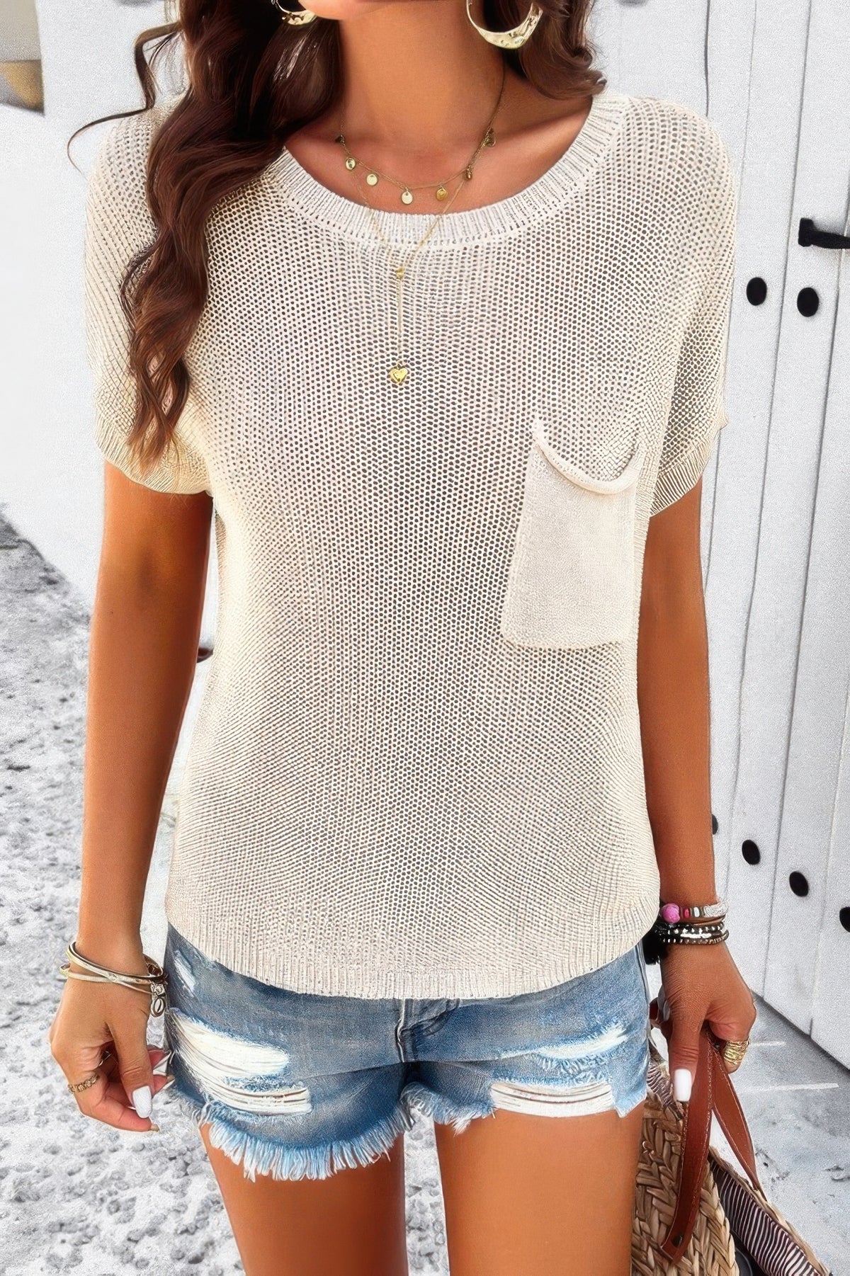 Women&#39;s pocket knit loose pullover sweater with round neck, short sleeves, and relaxed silhouette - SplendorAmoris