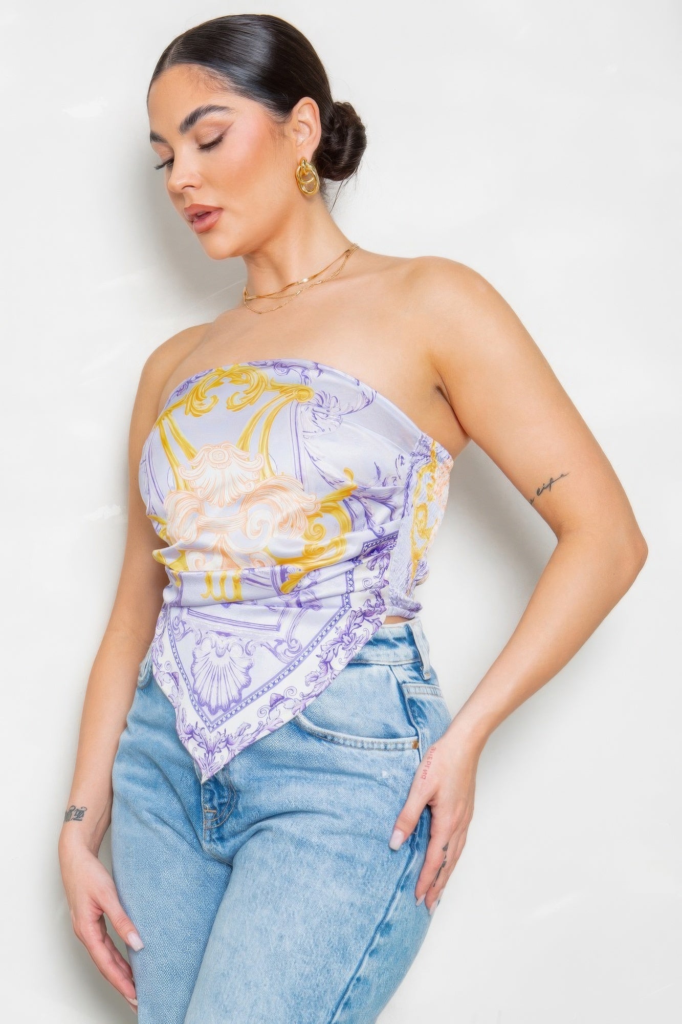 Women's strapless scarf-style satin top with pleated drape, elastic back, ornate print, and bandeau neckline - SplendorAmoris