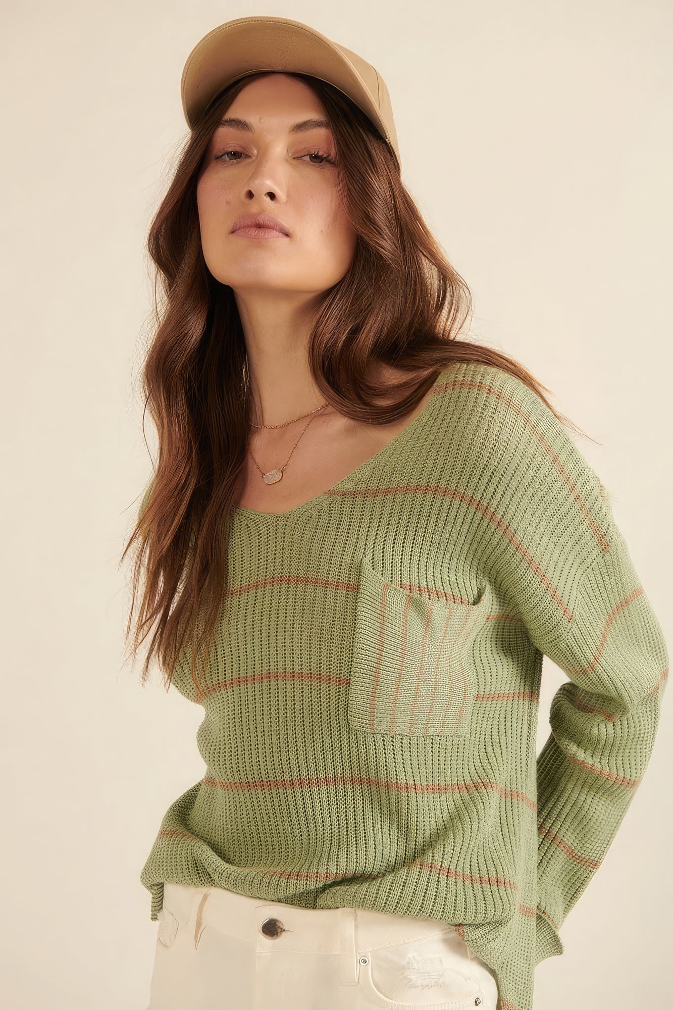Women's striped ribbed oversized pocket sweater with V-neck, long sleeves, dropped shoulders, chest pocket, side slits, and knit fabric - SplendorAmoris