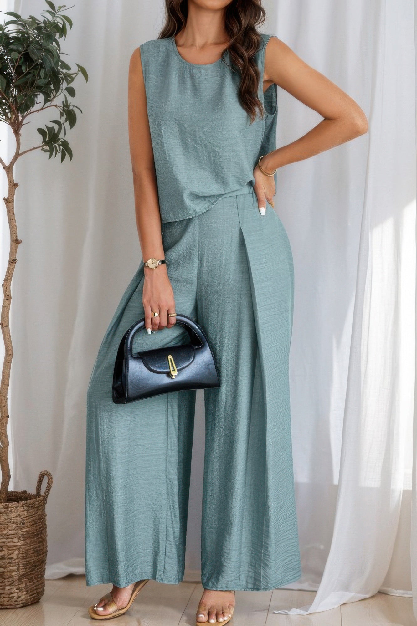 Women's tank and wide leg pants set with sleeveless top, knot hem, pleated pants, elastic waist, and draped silhouette - SplendorAmoris