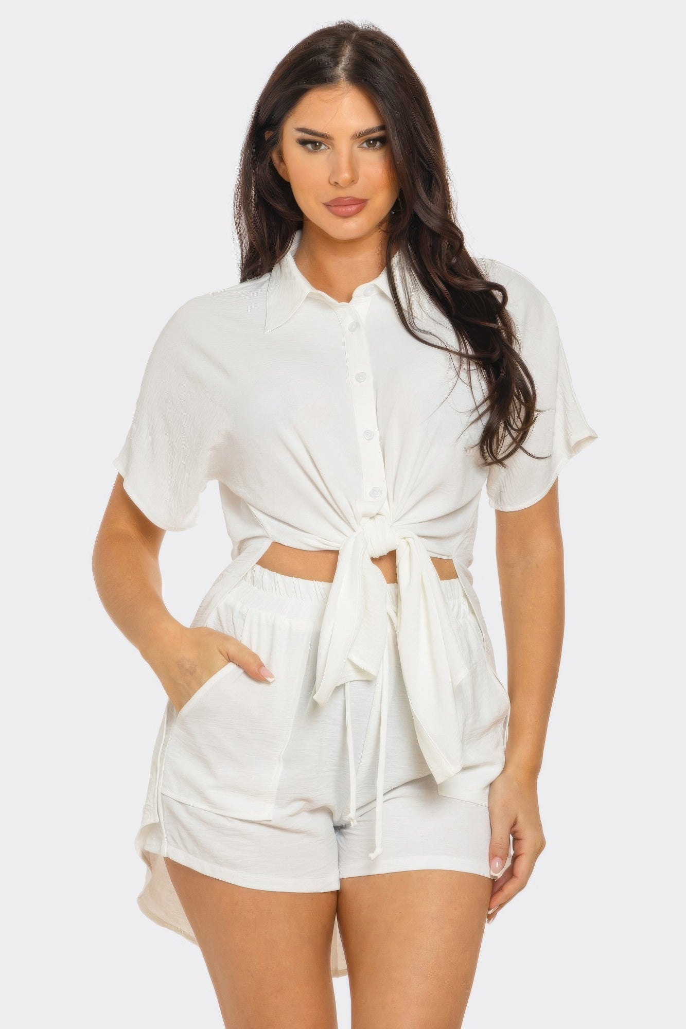 Women's white front tie crop top with collar, short sleeves, back slit, button-down design, and matching drawstring shorts with elastic waist and pockets  by SplendorAmoris